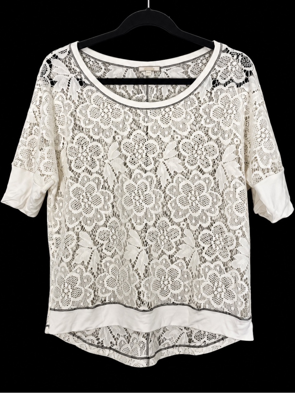 Pleione White Floral Lace Blouse Women’s Medium Sheer Crochet Made in USA Boho